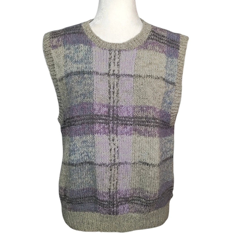 The Eagle's Eye Vintage Hand Knit 100% Shetland Wool Plaid Sweater Vest Grey L